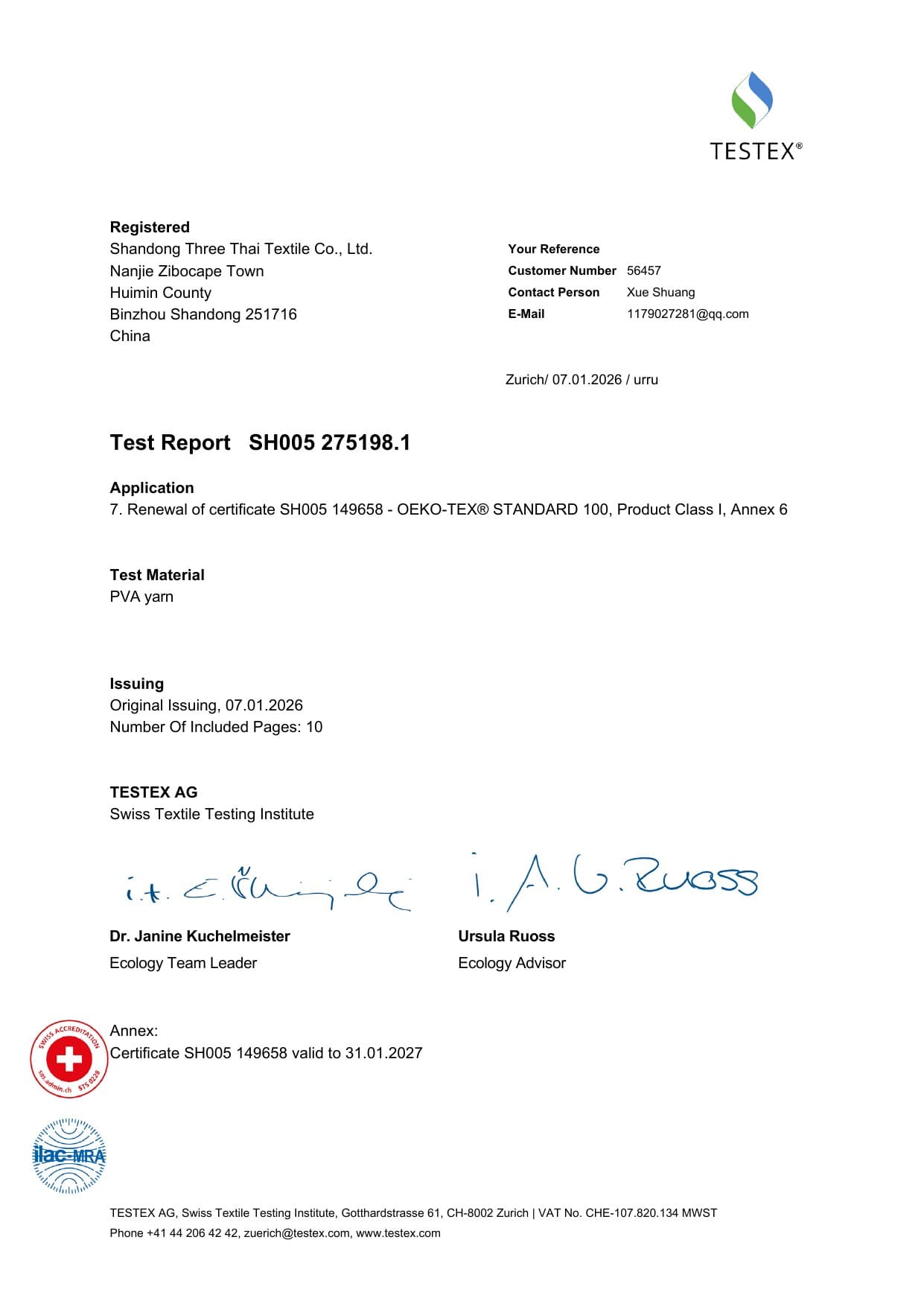 TESTEX test report SH005 275198.1 (2026)